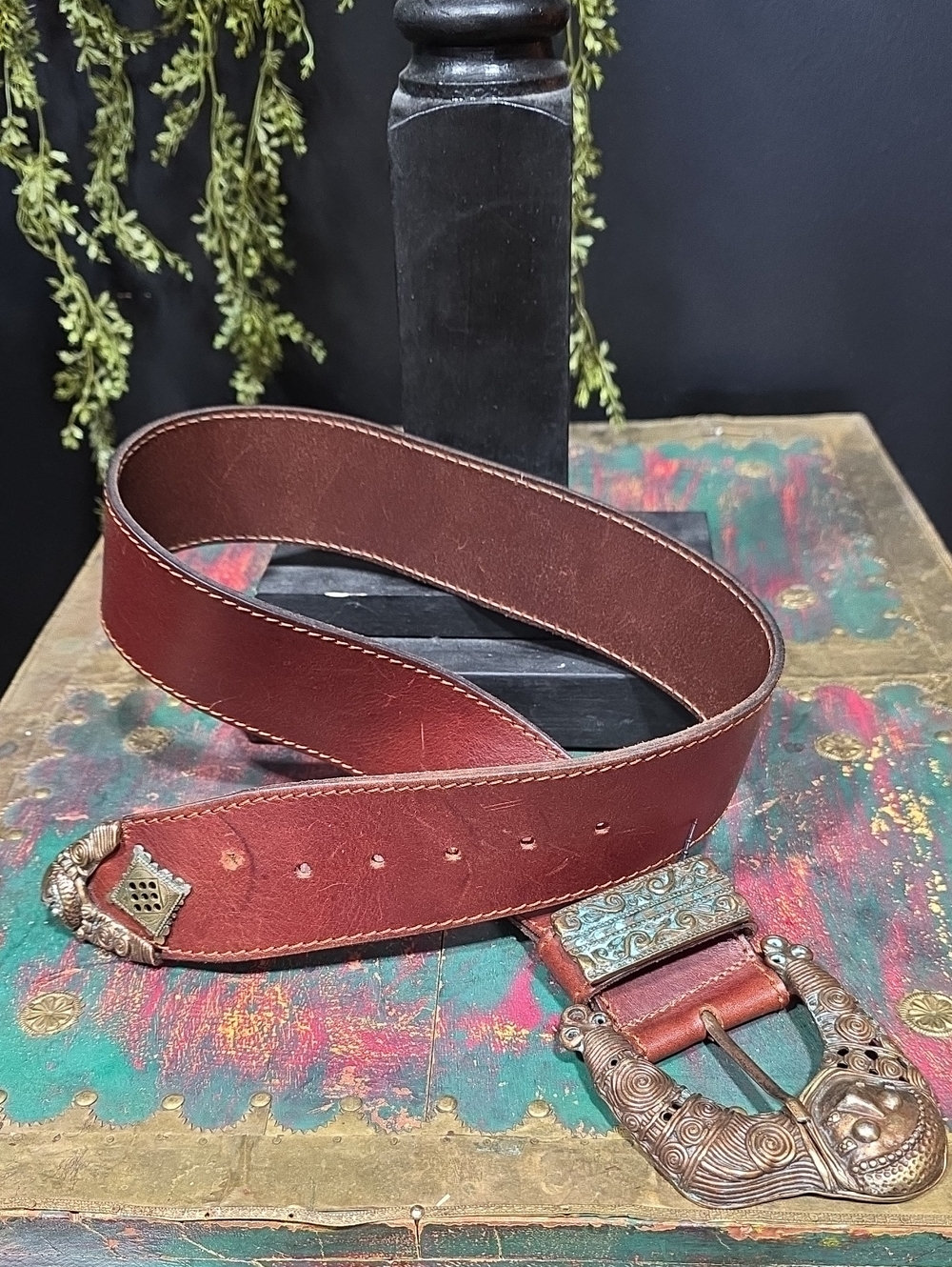 Doppla Vitta Designer Italian Leather Brown Belt with Ornate Metal Buckle